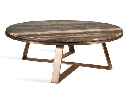Niski okrągły marmurowy stolik kawowy z geometryczną złotą podstawą Ø100x34 cm CJ959