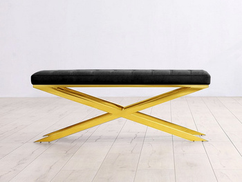 Pikowana czarny ława na skrzyżowanych złotych nogach 122x42x48 cm Y1020
